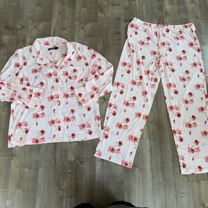 Lauren Ralph Lauren Pajama Set Floral Pink Red Large Button Front Cotton/Poly
